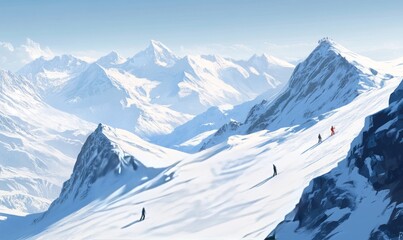 Obraz premium Snowy mountains under a clear sky with skiers enjoying the slopes