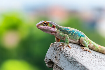 Obraz premium A vibrant, multi-colored lizard resting on a stone ledge, with a blurred green natural background