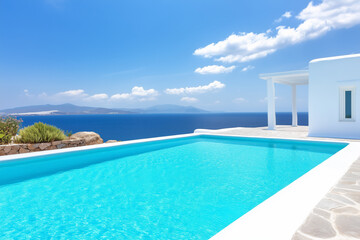 Fototapeta premium Infinity pool overlooking blue ocean and mountains