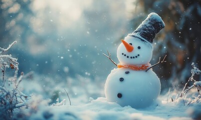 Obraz premium A Snowman with a Carrot Nose in a Snowy Forest