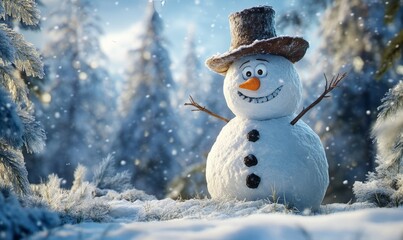 Obraz premium Tall snowman with twig arms, a carrot nose, and an old, tilted hat, in a clearing surrounded by snow-laden pines.