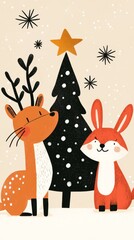 Naklejka premium Handdrawn illustration of woodland animals including a deer rabbit and fox gathering around a Christmas tree in a snowy forest Perfect for holiday cards and winterthemed prints with a whimsical and jo