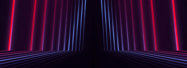 Neon light in tunnels, rays and lines. Perspective of light in motion. Dark abstract neon background, empty stage.