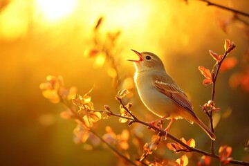 Obraz premium Songbird perched on branch at sunrise in golden light