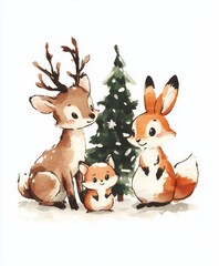 Handdrawn illustration of woodland animals including a deer rabbit and fox gathering around a Christmas tree in a snowy forest Perfect for holiday cards and winterthemed prints with a whimsical and jo