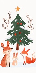 Handdrawn illustration of woodland animals including a deer rabbit and fox gathering around a Christmas tree in a snowy forest Perfect for holiday cards and winterthemed prints with a whimsical and jo