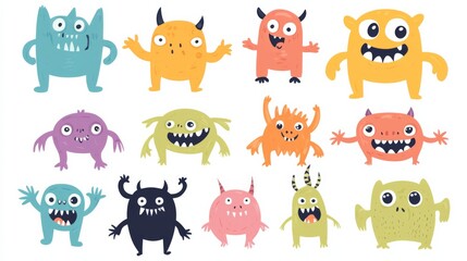 A vibrant and playful collection of hand-drawn tiny doodle monsters featuring cheerful facial expressions. 