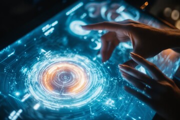 Futuristic touch interface with holographic display and interactive technology