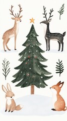 Handdrawn illustration of woodland animals including a deer rabbit and fox gathering around a Christmas tree in a snowy forest Perfect for holiday cards and winterthemed prints with a whimsical and jo