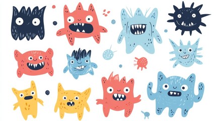 A vibrant and playful collection of hand-drawn tiny doodle monsters featuring cheerful facial expressions. 