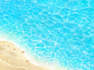 Beautiful background of sea shimmering waves with starfish and shells on a sandy beach.