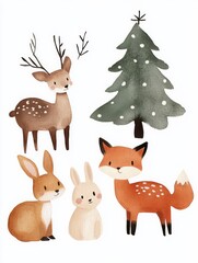 Naklejka premium Handdrawn illustration of woodland animals including a deer rabbit and fox gathering around a Christmas tree in a snowy forest Perfect for holiday cards and winterthemed prints with a whimsical and jo