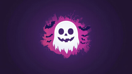 A friendly ghost with bats flying around a purple background.