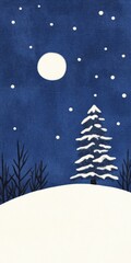 Illustration of a snowcovered forest with a glowing Christmas tree in the center surrounded by twinkling stars and a full moon Perfect for holiday cards and festive winter greetings with a magical and