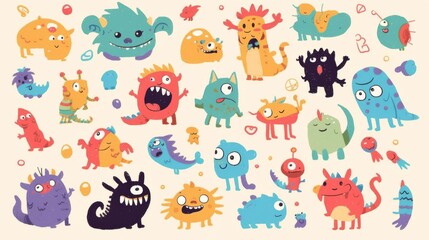 Fototapeta premium A vibrant and playful collection of hand-drawn tiny doodle monsters featuring cheerful facial expressions. 