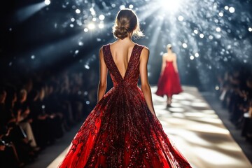 Glamorous fashion show featuring elegant red evening gown on runway with dazzling lights
