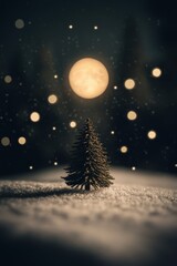 Naklejka premium Illustration of a snowcovered forest with a glowing Christmas tree in the center surrounded by twinkling stars and a full moon Perfect for holiday cards and festive winter greetings with a magical and
