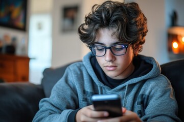 Teenager using smartphone at home in casual gray hoodie
