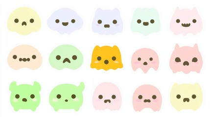 A vibrant and playful collection of hand-drawn tiny doodle monsters featuring cheerful facial expressions. 
