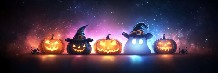 Jack-o'-lanterns, a ghost, and spiders celebrate Halloween against a starry background.