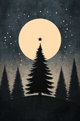 Naklejka premium Illustration of a snowcovered forest with a glowing Christmas tree in the center surrounded by twinkling stars and a full moon Perfect for holiday cards and festive winter greetings with a magical and