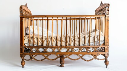 Classic wooden baby cradle with premium solid wood finish isolated on white background