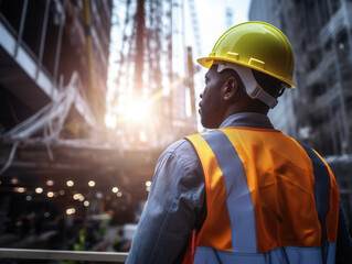 Construction worker in hard hat and safety vest at building site