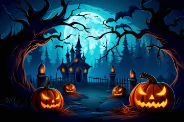 Fototapeta premium Glowing Jack O' Lanterns at night. Halloween Background
