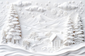 Elegant traditional white Christmas greeting card with snowy landscape and winter elements