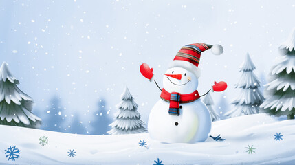 Obraz premium A charming festive snowman in a snowy landscape on a traditional Christmas greeting card