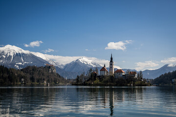 Breathtaking view of Lake Bled, Slovenia, the picturesque island with the Church of the Assumption...