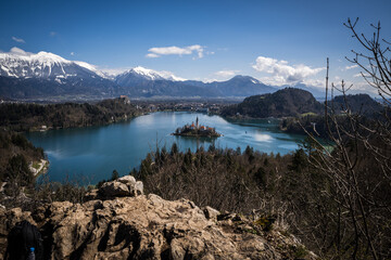 Breathtaking view of Lake Bled, Slovenia, the picturesque island with the Church of the Assumption...