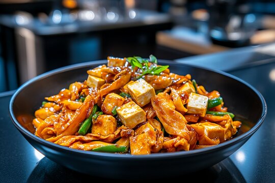 A high-tech kitchen preparing a futuristic vegetarian stir-fry, with AI-driven cooking techniques ensuring perfectly cooked tofu and vegetables.