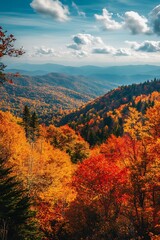 Fototapeta premium Autumn Mountain Landscape With Colorful Foliage, Blue Sky And White Clouds