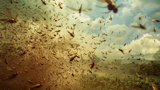 A swarm of locusts fills the sky, casting a dark shadow over the landscape.