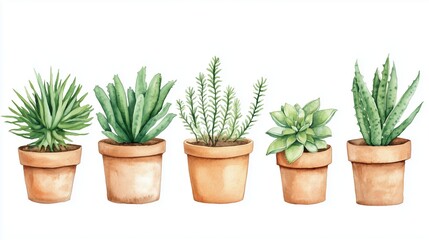 Five varieties of succulents displayed in terracotta pots on a clean white background, showcasing their lush foliage and vibrant colors