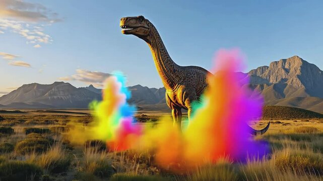A large dinosaur stands in a field, mountains in the background, with a sunset.