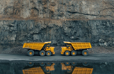 Two yellow dump trucks are driving down a dirt road against the backdrop of an open coal mine.
