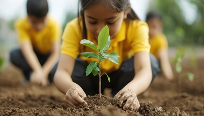 Children planting trees with adults, symbolizing kindness to nature and future generations, deep depth of field capturing the teamwork, World Kindness Day