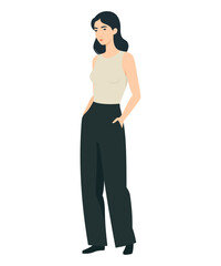 Vector illustration of a girl in a minimalistic look with a white top and black pants, suitable for everyday wear.