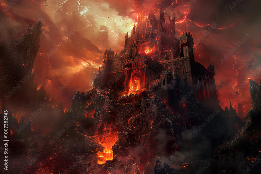 Sticker a red and black castle with a lava flow in front of it.,