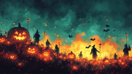Obraz premium Haunted pumpkin patch with spooky scarecrows and bats under eerie sky. AI Generative