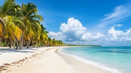 A tropical beach with white sand and clear turquoise sea