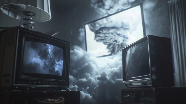 Two vintage televisions sit in a dark room with clouds and a storm on the screen. The mood is ominous.