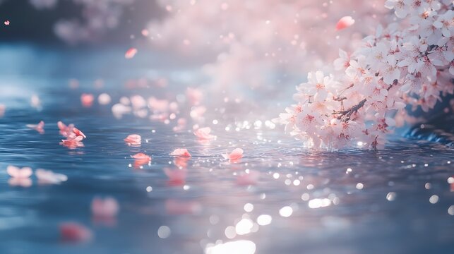 Cherry blossoms blooming along a peaceful river