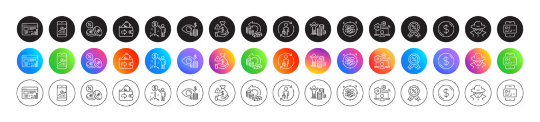 Dollar money, Discount medal and Budget profit line icons. Round icon gradient buttons. Pack of Replacement, Stress, Online job icon. Bribe, Fraud, Card pictogram. Vector