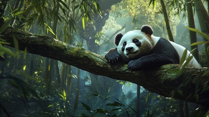 Obraz premium A panda sleeps relaxing on a tree branch in a bamboo forest.