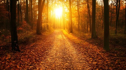 Fototapeta premium A forest path surrounded by vibrant autumn foliage