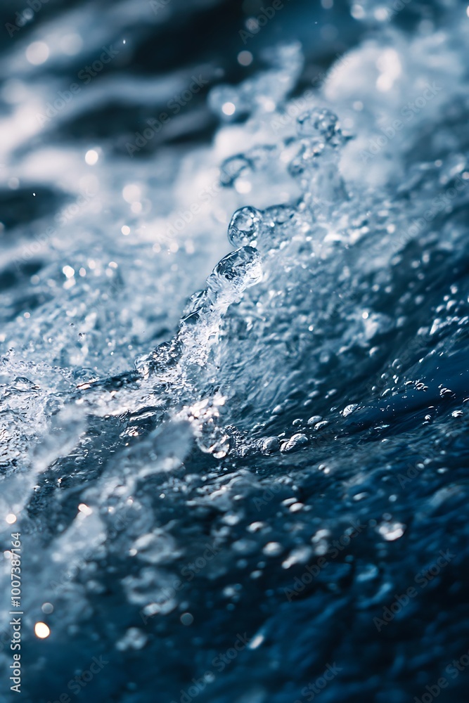 Wall mural Close up of water wave with splashing droplets and light reflections