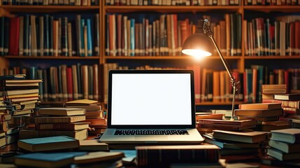 Cozy Library Workspace with Laptop and Books Under Warm Lamp Light in a Book-filled Room